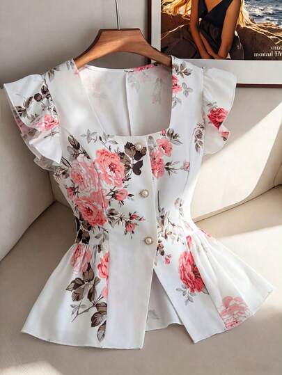 Franclia Women's Spring/Summer Square-Necked Pink Floral Print Ruffled Sleeve Pearl Buttoned Hemline Split Shirt, Women's Spring/Summer Shirt, Casual Outdoor Clothing, Fashionable And Relaxed Resort Or Commuting Women's Shirt, Floral Print Shirt