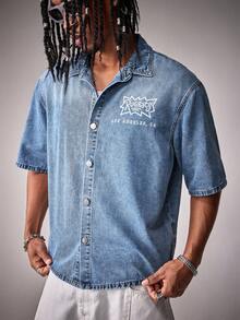 Nick 90s | SHEIN Men's Casual Fashionable Street Daily Commute Funny Cartoon Letter Print Short Sleeve Denim Shirt, Summer - Medium Wash - View 4
