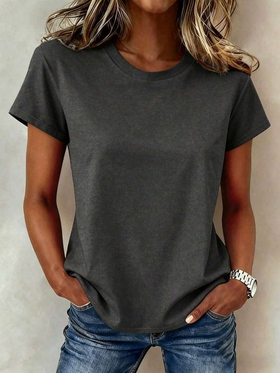 EMERY ROSE Women's Solid Color Casual Versatile Round Neck Short Sleeve T-Shirt - Dark Grey - View 1