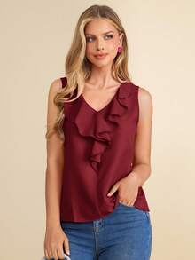 Amorya Women's Solid Color Ruffle V-Neck Sleeveless Blouse - Burgundy - View 4