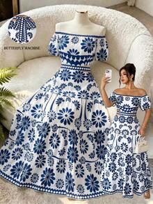 Elenzga Plus Size Two-Tone Print Off-Shoulder Waist Hollow Back Bow Decor Flared Maxi Dress, Elegant Boho For Outing, Date Beach Vacation, Party, White Summer - Blue and White - View 6