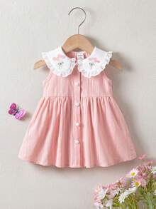 SHEIN Infant Girls' Cute Light Pink Summer Dress Elegant Sweet Embroidered Ruffle Collar Jacquard Fabric Sleeveless Cotton Dress For Parties 0-1 Years Old - Baby Pink - View 3