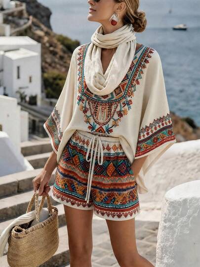 Balvessa Women's Bohemian Floral Print Shirt And Shorts 2 Pieces Set
