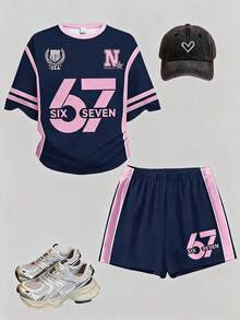 2pcs Tween Girls Casual Minimalist Digit 67 Print Short Sleeve Top And Shorts Set, Suitable For Summer - Multicolor - View 2