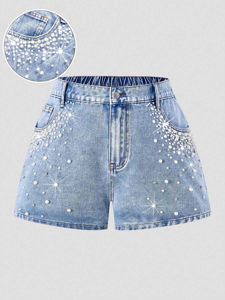Maija Plus Size Women Pockets Button Faux Pearl Decor Casual Versatile Daily Wear Denim Shorts