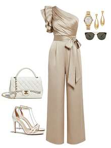 Ellevyn Bộ jumpsuit buộc dây, xếp nếp, vai lệch, có bèo nhún - Rượu sâm banh - Xem 1