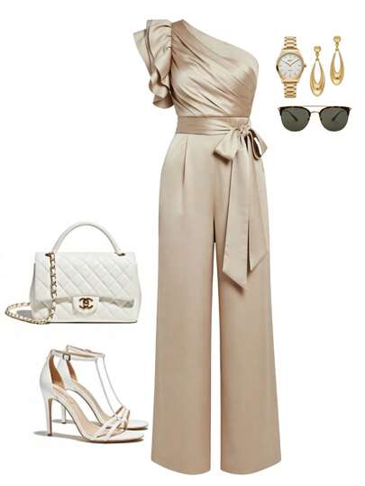 Ellevyn Asymmetrical Shoulder Ruffled Tie-Up Jumpsuit