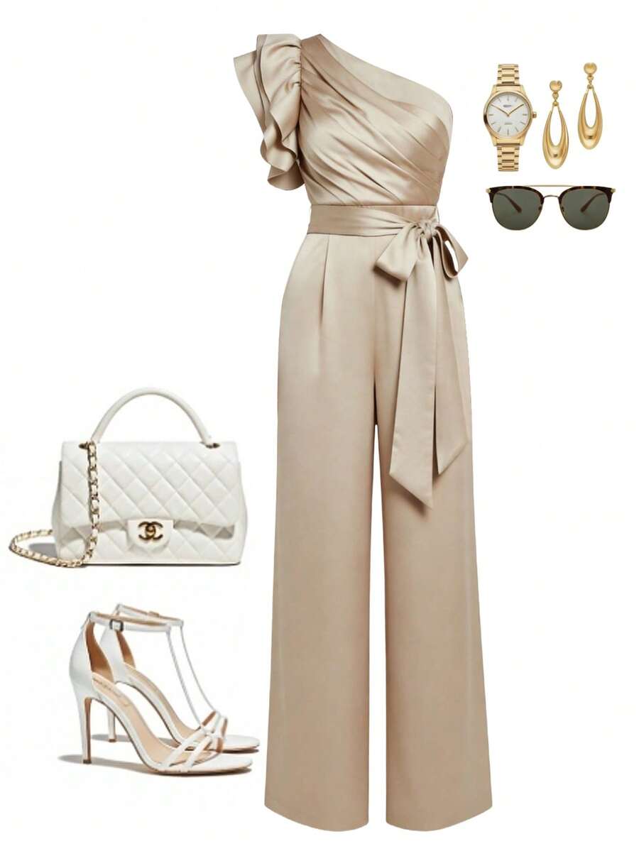 Ellevyn Bộ jumpsuit buộc dây, xếp nếp, vai lệch, có bèo nhún - Rượu sâm banh - Xem 1