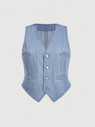 Sweetra Áo khoác denim cổ chữ V đa năng kẻ sọc jacquard dành cho nữ cỡ lớn, thích hợp cho mùa hè.