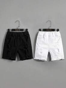 SHEIN 2Pcs Tween Boy Fashion Casual Y2k Vintage Cool Street Basic Simple Street Style White And Black Ripped Denim Shorts 2-Pieces Set For Kids Clothes Daily-Wear And Kids Spring To Summer Rave Festival And Streetwear Clothes - Multicolor - View 2
