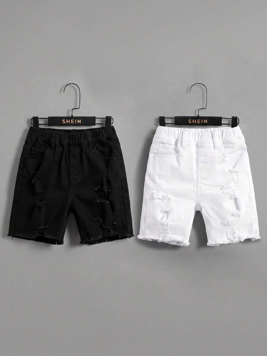SHEIN 2Pcs Tween Boy Fashion Casual Y2k Vintage Cool Street Basic Simple Street Style White And Black Ripped Denim Shorts 2-Pieces Set For Kids Clothes Daily-Wear And Kids Spring To Summer Rave Festival And Streetwear Clothes