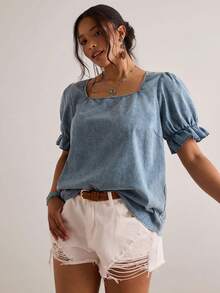 Freevana Plus Size Solid Color 10% Cotton Lace Patchwork Square Collar Short Sleeve Blouse - Green - View 6
