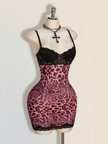 SHEIN ICON Y2k 夏季女款 6月派對 婚禮賓客 海灘 畢業 出遊 粉色 性感 哥德風 夜店 對比蕾絲 豹紋 吊帶迷你洋裝 - 粉色 - 查看 13