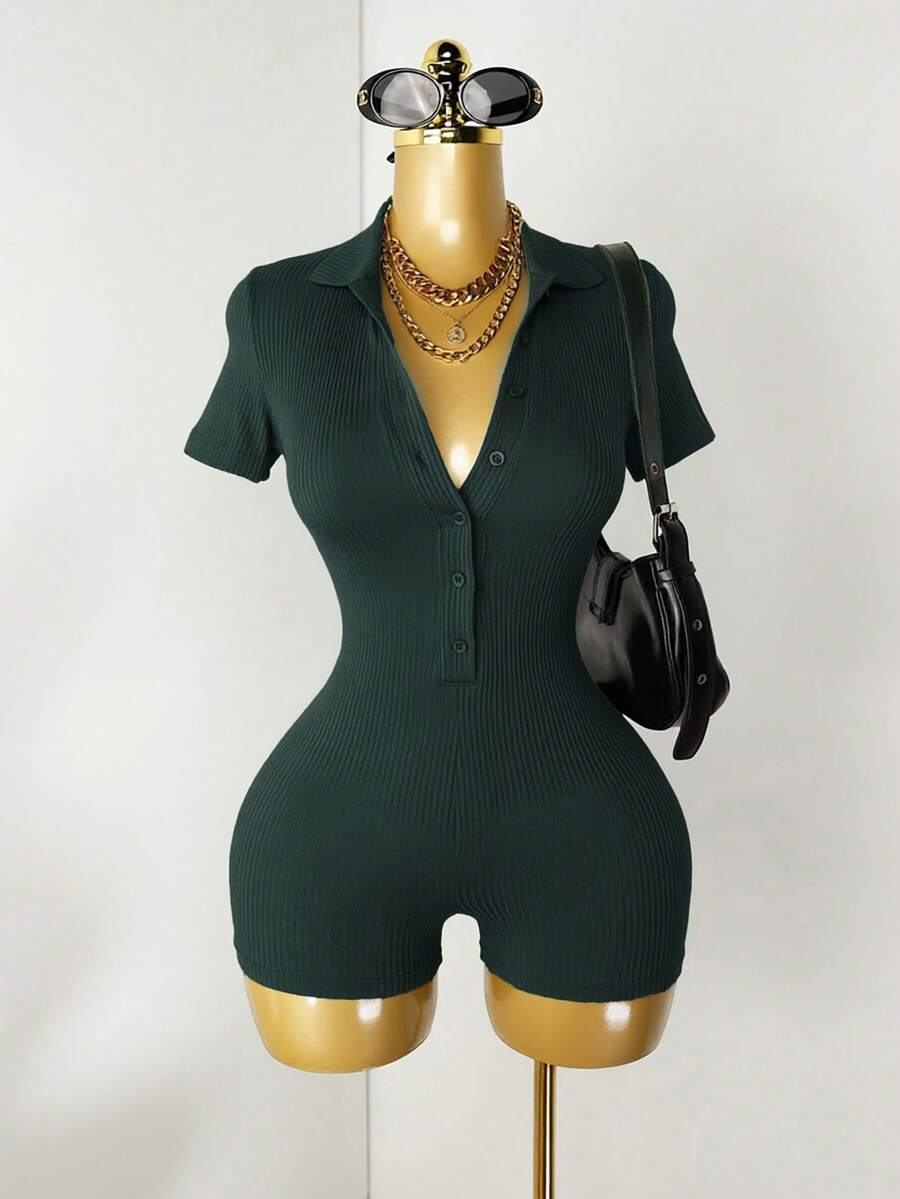 Mistrie Women's Solid Color Button Half-Placket Casual Fitted Romper - Olive Green - View 1