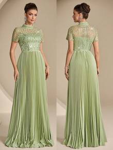 Coutiva Chiếc đầm dạ hội mùa xuân/hè thanh lịch này được thiết kế với sequin, ngọc trai và đá pha lê, cổ cao, viền vải satin lộ ra ngoài và chân váy xếp ly xòe rộng, phù hợp cho dạ hội, dự đám cưới, lễ tốt nghiệp, tiệc tựu trường và các dịp tiệc tùng khác. - màu xanh lá - Xem 5