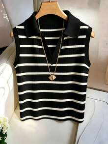 EMERY ROSE Plus Size Women Casual Elegant Turndown Collar Sleeveless Striped Fitted Blouse - Black - View 4
