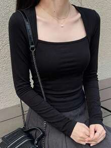 DAZY Women's Swan Neck Long Sleeve T-Shirt,Fall Clothes Going Out Tops - Black - View 6