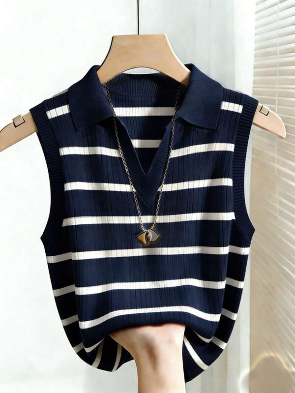Franclia Damen Casual Elegant gestrickter gestreifter Pullunder mit Kragen