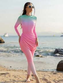 Swim Shayni 女士春假海滩装扮，中东风格渐变色布基尼三件套泳衣套装 - 粉色 - 查看 1