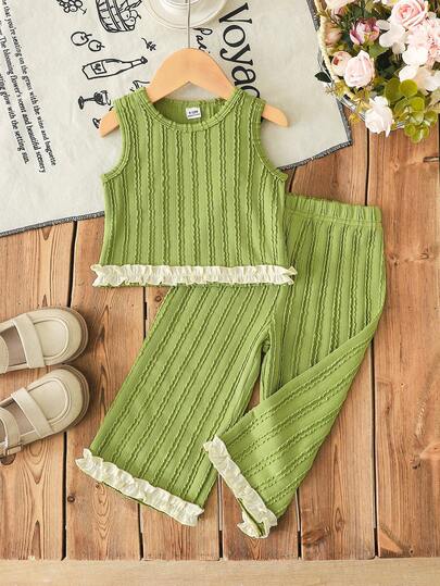 SHEIN Baby Girls' Summer Avocado Green Set, Vest Top Paired With Wide Leg Pants, Ruffled Hem Decor, Suitable For Casual Daily Wear, Sweet & Cute Princess Style