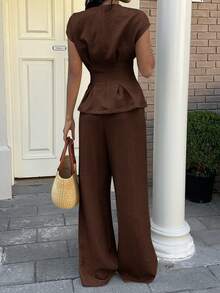 SHEIN EZwear 咖啡棕色通勤梭织上衣和裤子两件套 - 咖啡棕 - 查看 3