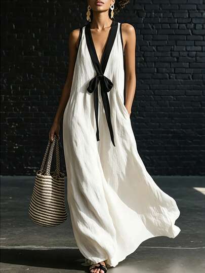 Rafferiza Vestido de mujer minimalista de cuello en V con bloques de color