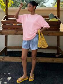 Women's Oversized T-Shirt With Pink And Red Striped Slogan Print, Casual Summer Holiday Style, Loose Fit, Round Neck, Short Sleeve, Comfortable - 嬰兒粉 4 - 查看 5