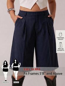 SHEIN Tall CURVE Quần short nữ cỡ lớn kẻ sọc có túi, kiểu dáng thời trang, đa năng, phù hợp cho đi làm và công sở. - Màu xanh hải quân - Xem 3