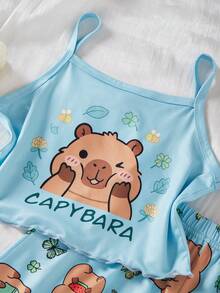 Girls' Sleeveless Pajamas Set, Cute Capybara Design, Comfortable Soft Fabric, Lazy Yet Playful Homewear Style - Mint Green - View 3