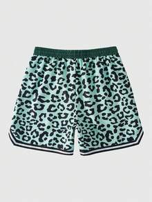 ROMWE MEN Prep Men's Summer Fashionable Street Casual Leopard Print Drawstring Waist Contrast Stripe Trim Basketball Shorts - Green - View 2