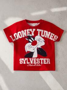 LOONEY TUNES X SHEIN Áo thun in chữ hoạt hình phong cách thường ngày cho bé trai, thích hợp mặc mùa hè. - Đỏ - Xem 3
