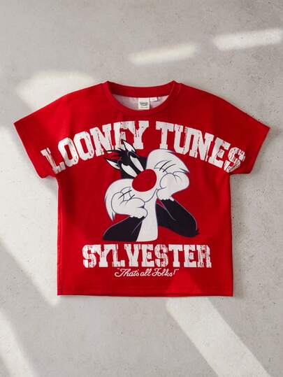 LOONEY TUNES X SHEIN Áo thun in chữ hoạt hình phong cách thường ngày cho bé trai, thích hợp mặc mùa hè.