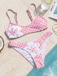 Swim Mod 2pcs/Set Women White Fashionable Cute Beach Golf Outfit, Floral Polka Dot Print Adjustable Spaghetti Strap Bikini Top, Summer Casual Sexy Holiday - Multicolor - View 3