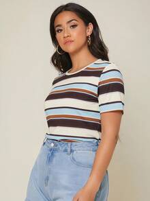 SHEIN BASICS 大码女式条纹圆领短袖休闲T恤 - 彩色 - 查看 4