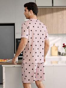 CoupledUp Polka Dot Print Short Sleeve & Shorts Men's Casual Pajama Set - Pink - View 5