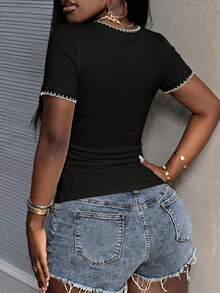 Slaydiva 97% Cotton Ribbed Casual Basic Summer Round Neck Short Sleeve Slim Fit Side Ruched Ribbed Stretchy T-Shirt,Summer Top - Black - View 3