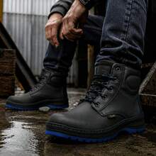 Genuine Leather Pleg Working Boot With Steel Helmet - Negro con azul - View 4