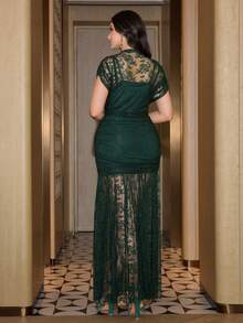 Modelyn Elegant Olive Green Lace Ruffle Dress, High-End Fashion Evening Gown For Plus Size Women - Dark Green - View 3