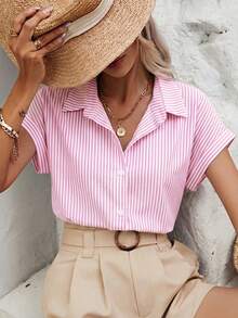 SHEIN Frenchy Áo sơ mi nữ tay cánh dơi kẻ sọc cài cúc phía trước, kiểu dáng thường ngày, thích hợp cho mùa hè. - Hồng - Xem 3