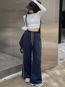 DAZY Celana Panjang Wanita Kasual Olahraga dengan Tali Serut di Pinggang, Lis Kontras, Potongan Longgar dan Lebar, Cocok untuk Perjalanan Sehari-hari - Navy Blue - View 6
