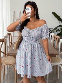 SHEIN VCAY Robe grande taille à épaules dénudées avec motif cœur, rayures bleu & blanc, coupe trapèze, robe mini romantique de plage, style bohème - Bleu azur - Voir 8
