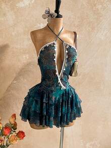 Soleia Vestido mini elegante bohemio tropical con lentejuelas brillantes para mujer, talla grande, para fiesta, vacaciones en la playa, Día de San Patricio, Spring Break, Pascua, festivales de música, color rosa - Verde - Ver 4