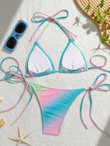Swim Mod 刺繡夏季新款綁帶掛脖式女款比基尼泳衣 漸層花卉綴珠三角式兩件式泳裝 海灘度假泳衣 - 粉色 - 查看 2