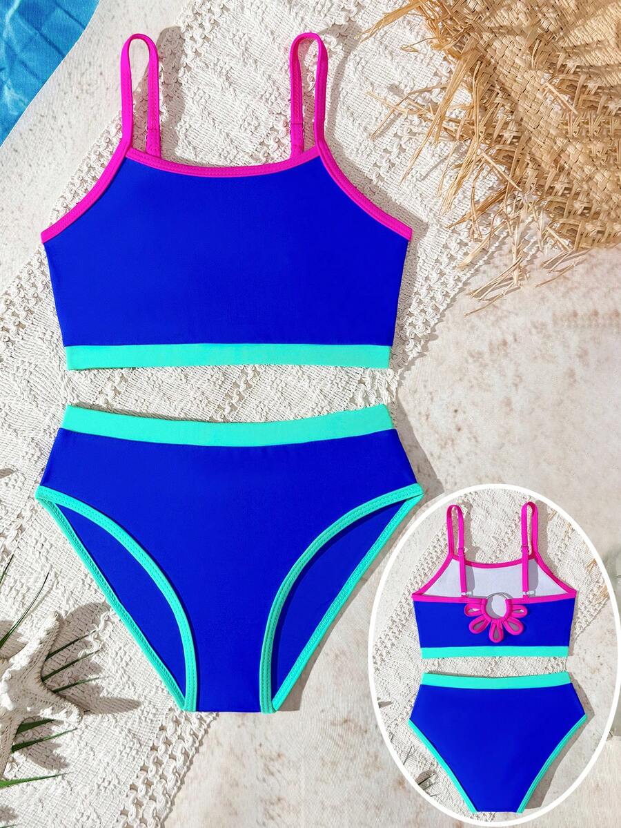 3-Color Patchwork Hollow Floral Back Design Young Girl Swimwear Set, Suitable For Beach, Holiday, Swimming Party, Pool, Water Park (Small Size) - Multicolor - View 1