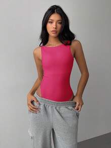SHEIN BASICS Bodysuit Rajut Polos Kasual Tanpa Punggung untuk Wanita, Warna Pink Cerah untuk Musim Panas - Hot Pink - View 6