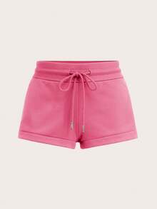 SHEIN BASICS 舒適低腰開衩運動短褲，休閒運動風寬鬆居家短褲，春夏健身運動穿搭，粉色 - 玫紅色 - 查看 7