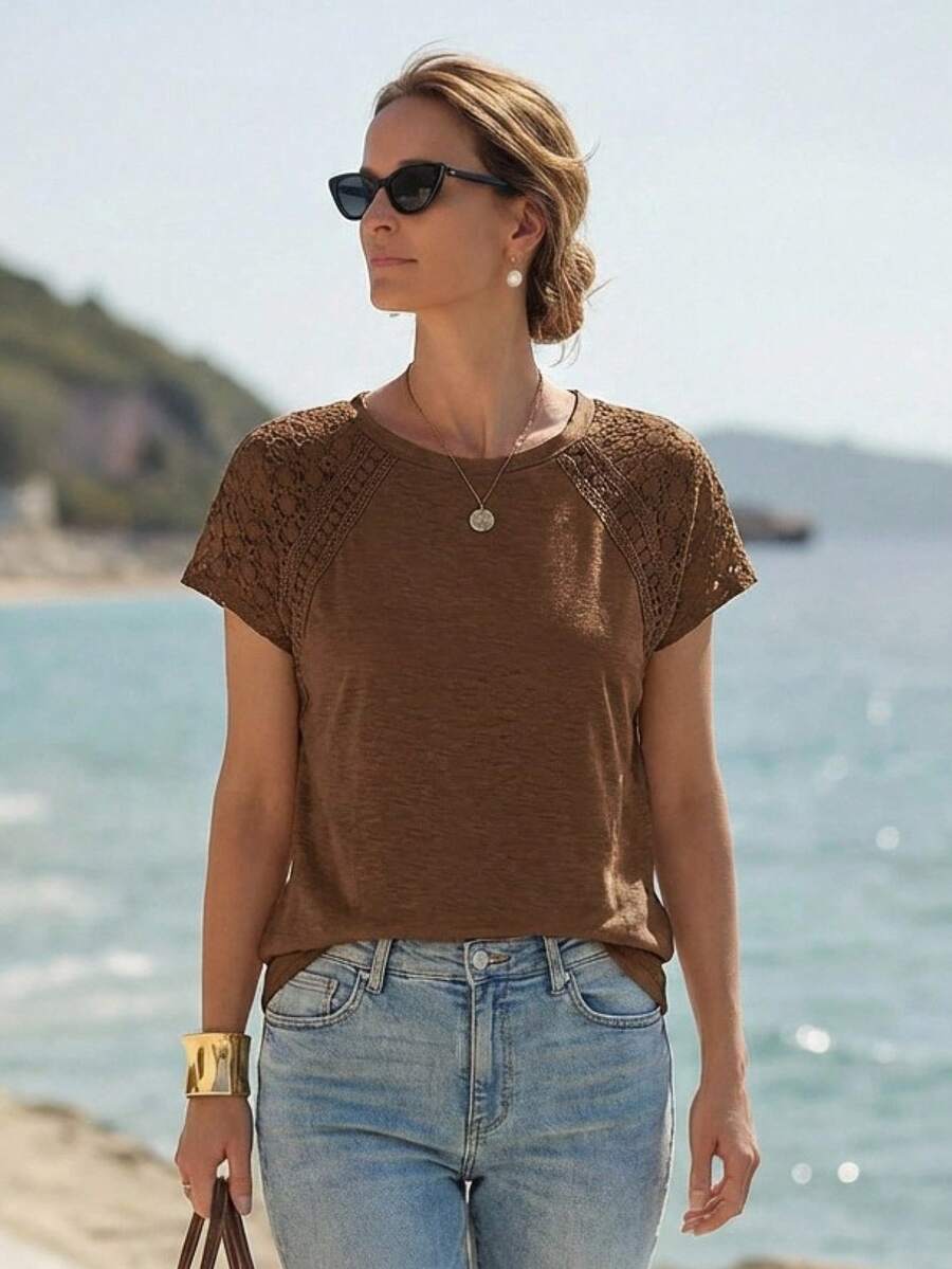 Faunlyn Elegant Lace Patchwork Short Sleeve T-Shirt - Brown - View 1