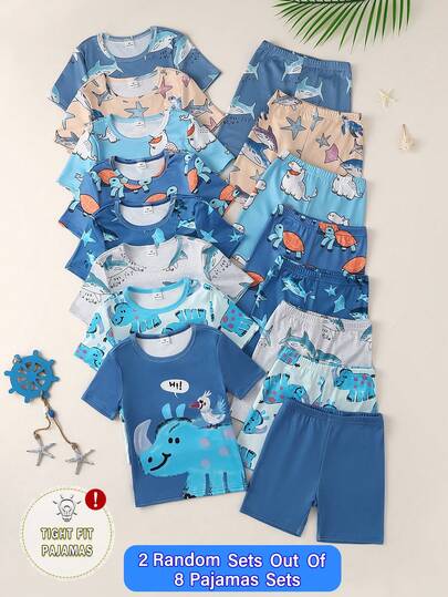 [2 Sets/8 Sets Random] Toddler Boys' Summer Short Sleeve Shorts Set, Round Neck Cartoon Shark, Dinosaur & Ocean Pattern Print, Casual Cute Knit Elastic Fabric Comfortable Soft Tight Fit Homewear/Pajamas Suitable For Outdoor Wear