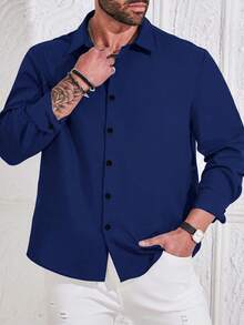 Manfinity Homme Plus Size Men's Casual Simple Front Button Long Sleeve Shirt, Suitable For Commuting & Business - Navy Blue - View 4