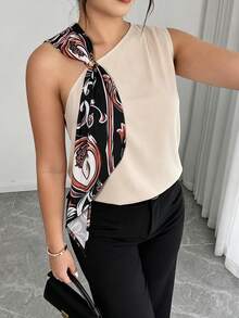Elenzga Blusa elegante de mujer talla grande con estampado de primavera/verano, cuello asimétrico y color contrastante - Albaricoque - Ver 3